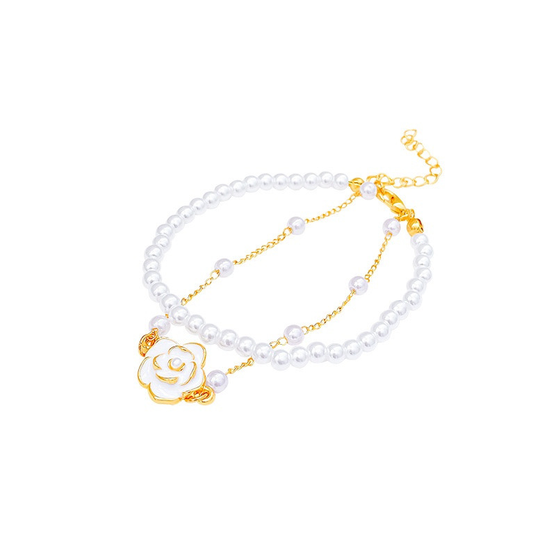 White Faux Pearl Floral Double Layer Bracelet on White Background
