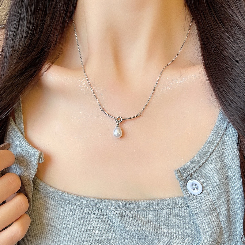 Minimalist Silver Faux Pearl Pendant Necklace Styled with Gray Top