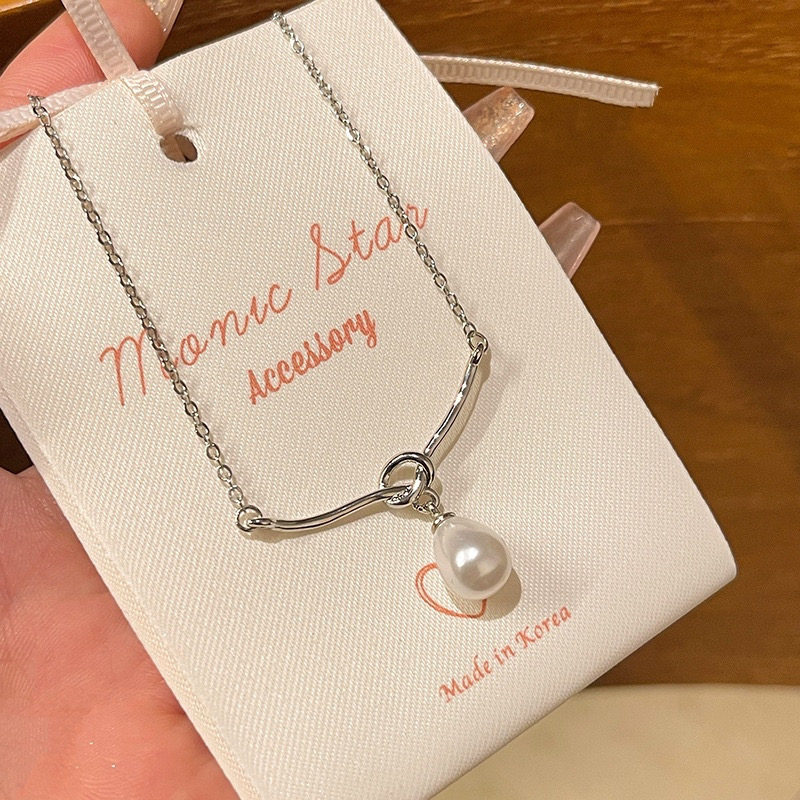 Silver Teardrop Faux Pearl Pendant Necklace