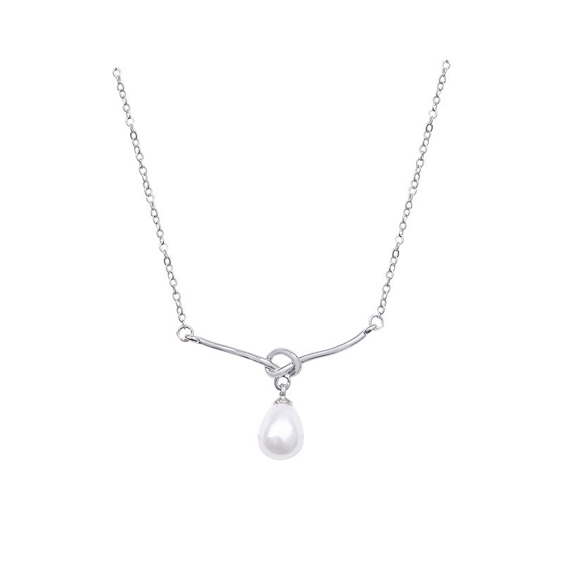 Silver Teardrop Faux Pearl Pendant Necklace with Curved Bar Design on White Background