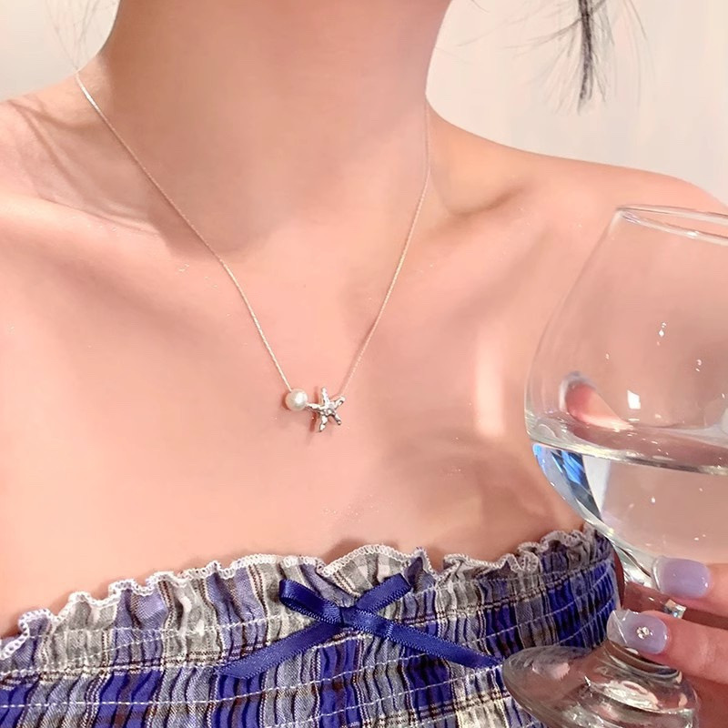 Silver Tone Starfish and Faux Pearl Pendant Necklace with Blue Plaid Outfit