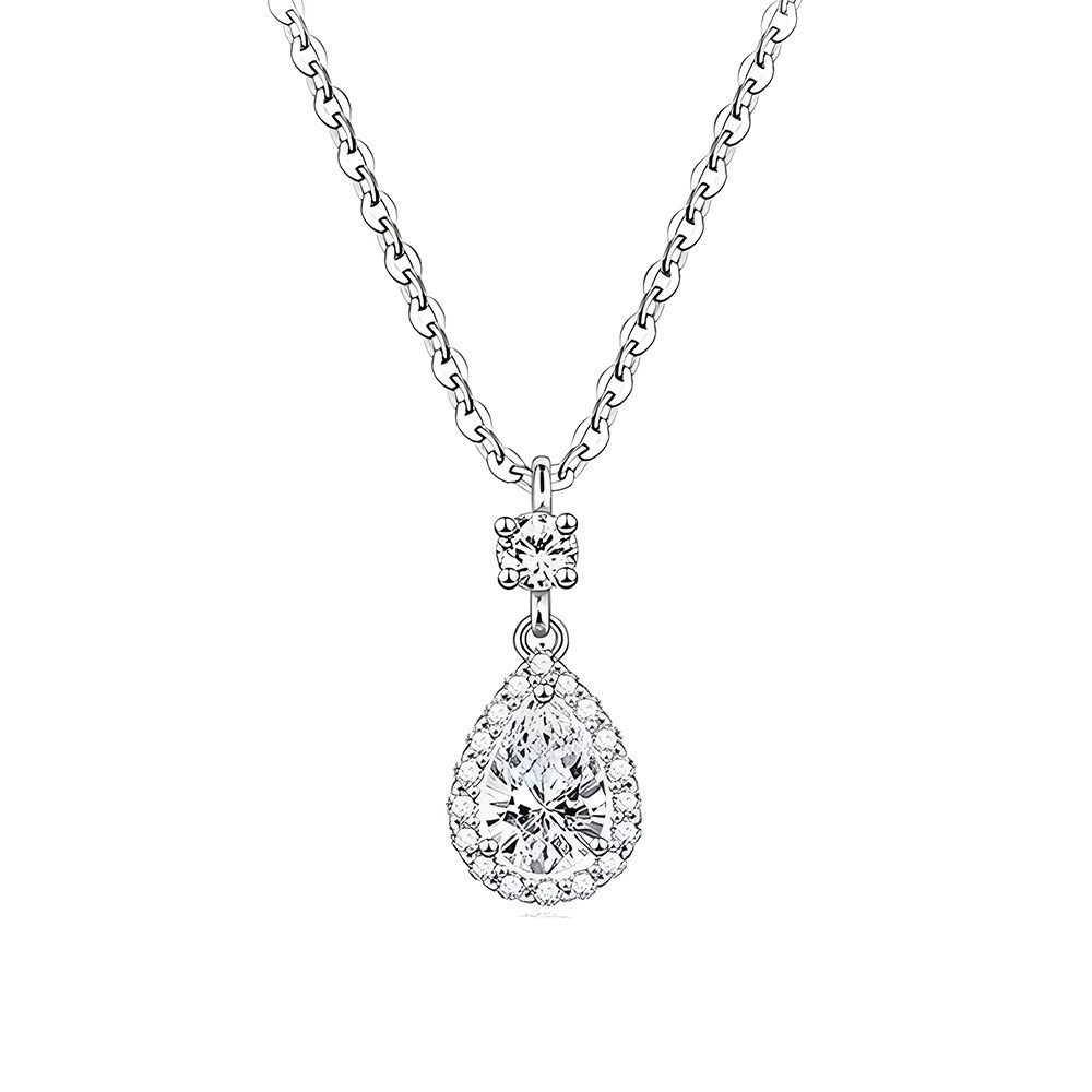 Close-up of silver zircon teardrop pendant necklace with a sparkling pear-shaped center stone and zircon halo