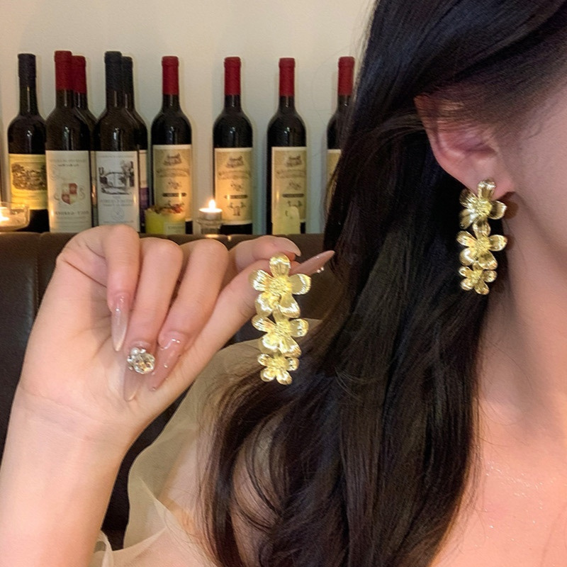 Gold Statement Floral Earrings Model View