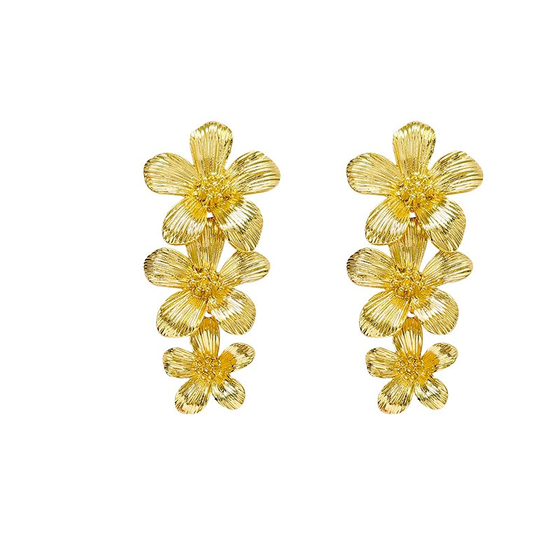 Gold Triple Flower Drop Earrings Front View