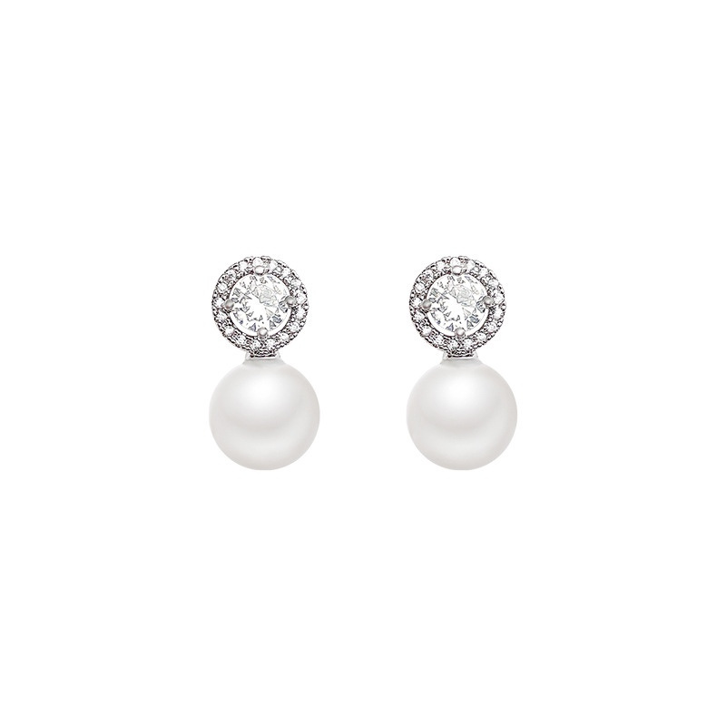 Silver Zircon Faux Pearl Drop Earrings E6115