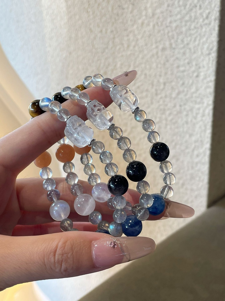 Group view of multiple bracelets highlighting the natural color variations.