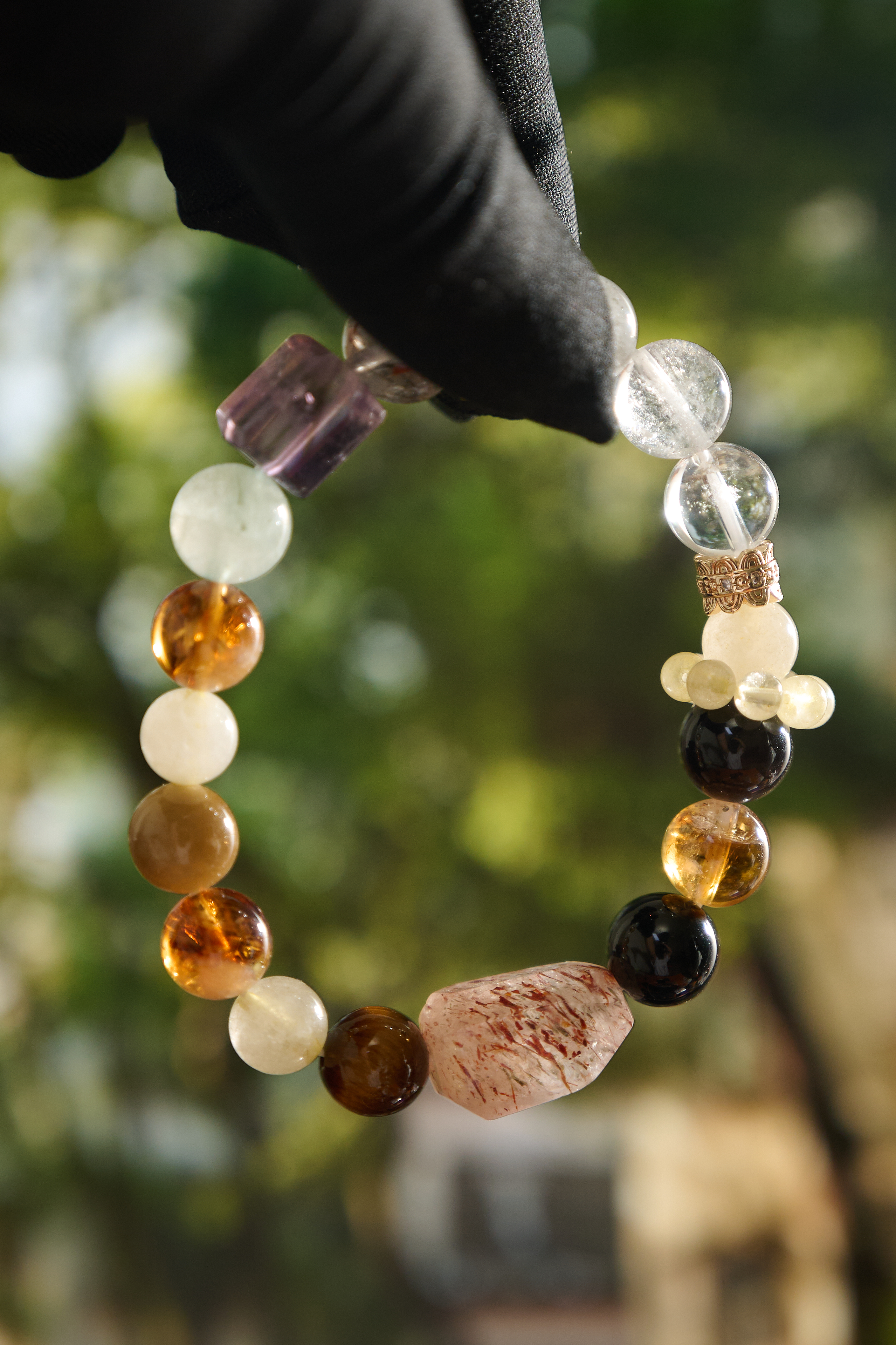 Wrist-on shot – multi-crystal bracelet worn on hand, minimalist styling, everyday wear and gifting.