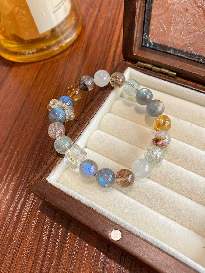 Side angle – natural crystal reflection under warm lighting on wooden surface.