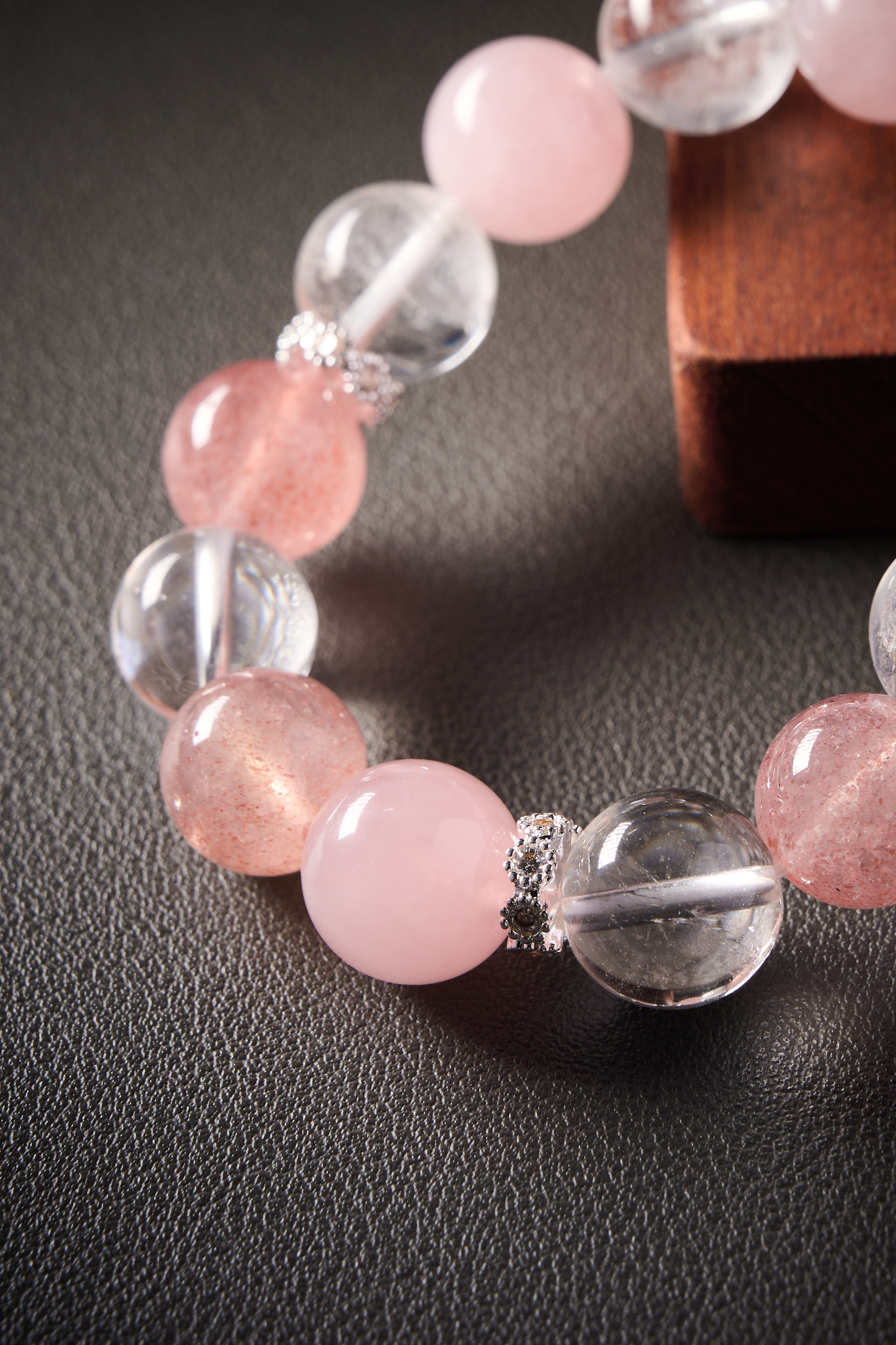 Angle view – full bracelet circle on elastic cord, evenly matched gemstones, handmade jewelry.