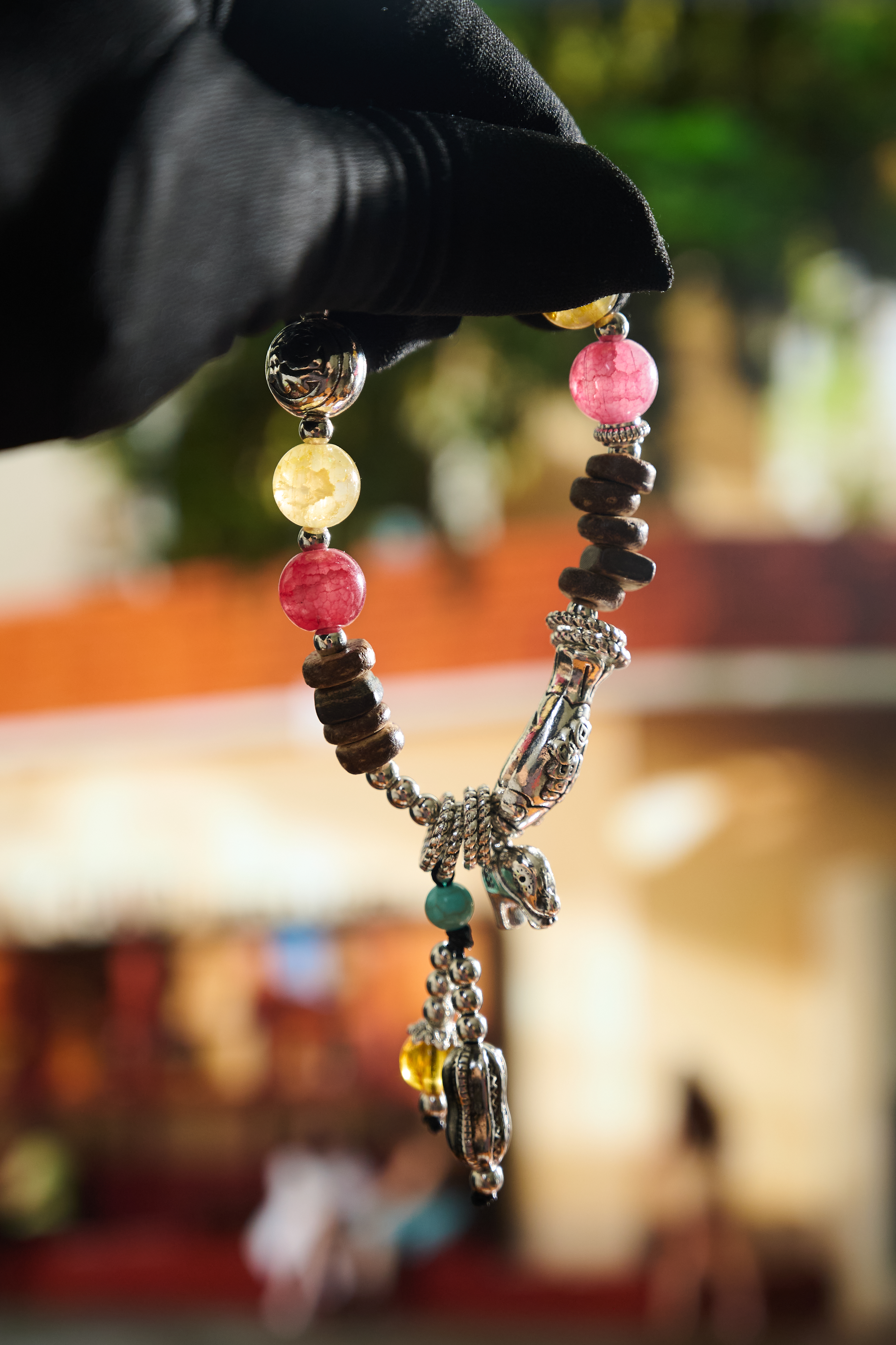 Angle view – full bracelet circle on elastic cord, evenly matched beads, bohemian look.