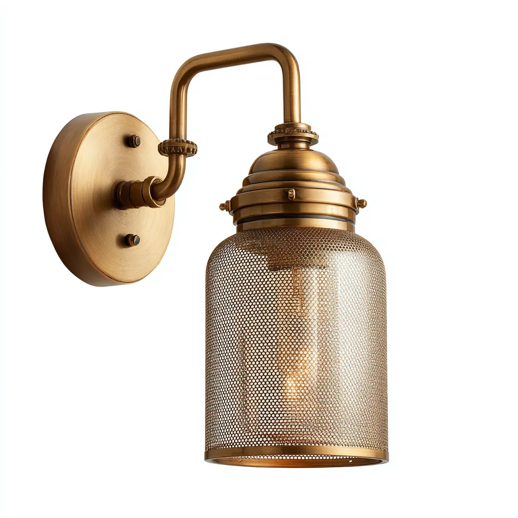 Applique murale en métal 14x18x28 cm - finition laiton brossé et abat-jour grillagé - style industriel-Dwellingena