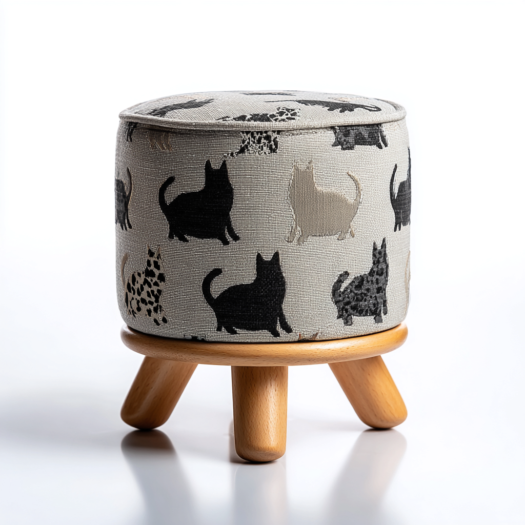 Pouf rond en tissu imprimé et bois 38x38x42 cm - beige-naturel-noir - style ludique-Dwellingena
