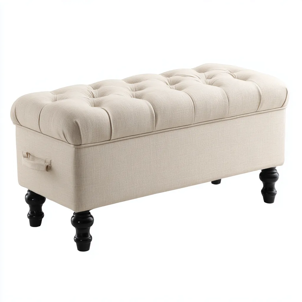 Banc de lit-coffre de rangement-pieds bois-tissu lin-100x40x50 cm - beige - style classique capitonné pour chambre-Dwellingena