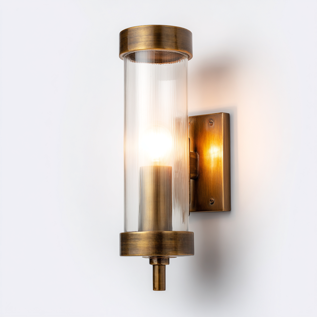Applique murale cylindrique - Laiton-Verre strié - 25x25x40 cm - Doré-Transparent - Design vintage-Dwellingena