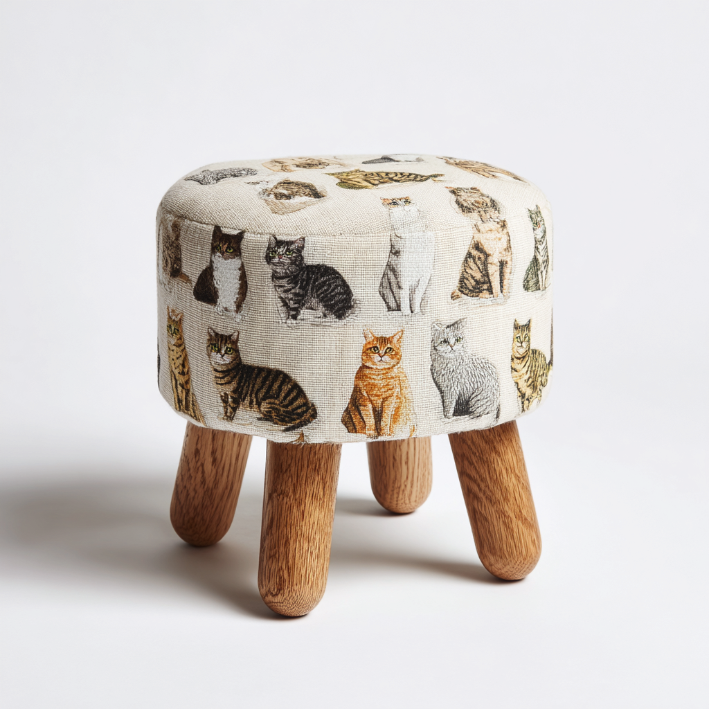 Pouf - Tissu imprimé motif chat et pieds en bois - 32x32x40 cm - Beige multicolore - Style ludique pour salon ou chambre-Dwellingena