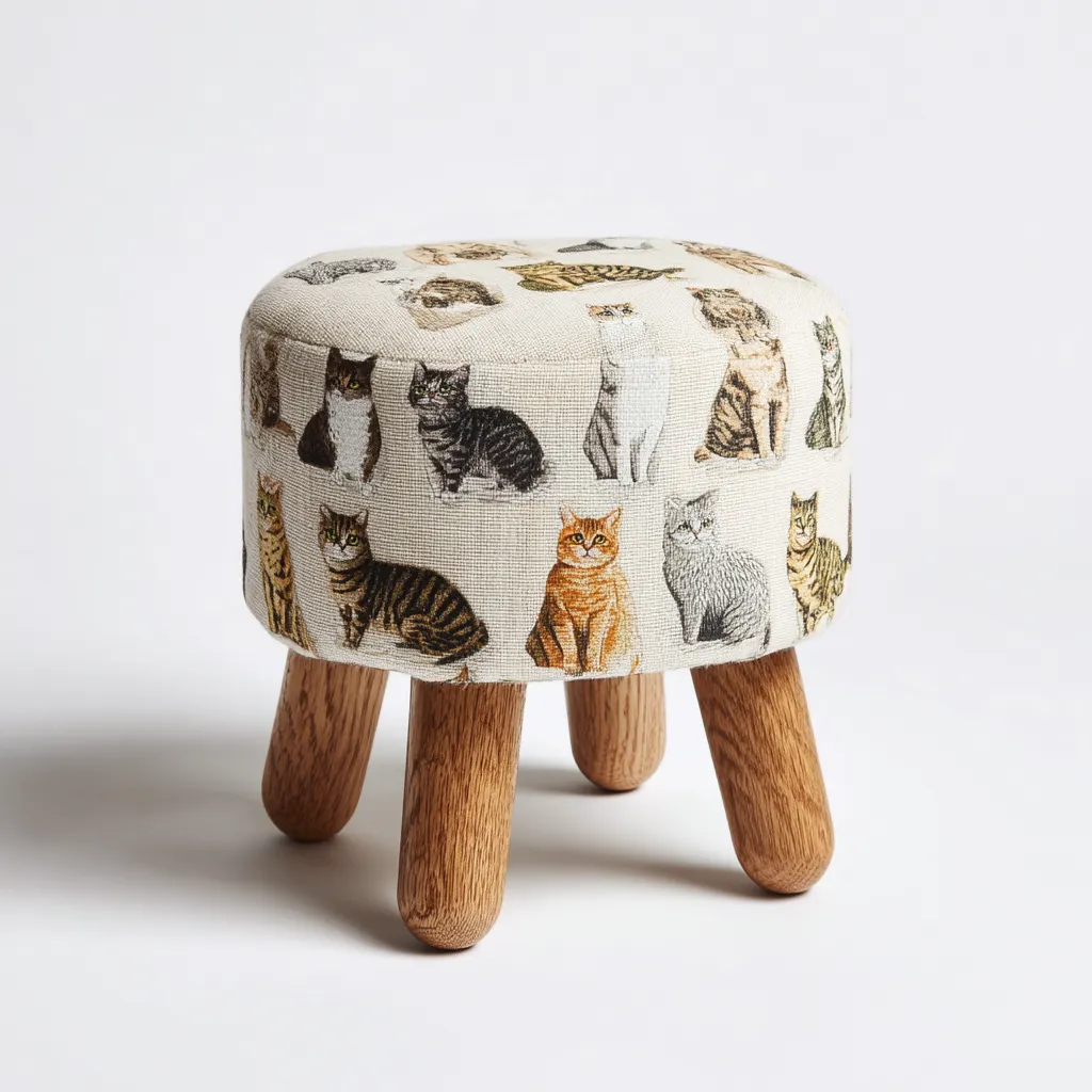 Pouf - Tissu imprimé motif chat et pieds en bois - 32x32x40 cm - Beige multicolore - Style ludique pour salon ou chambre-Dwellingena