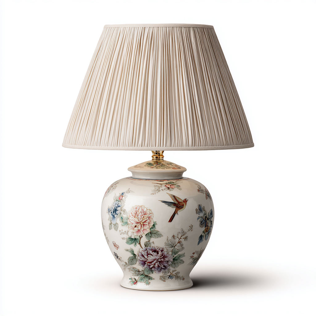 Lampe de table 28x28x52 cm - céramique florale peinte à la main et abat-jour plissé beige - style classique élégant-Dwellingena