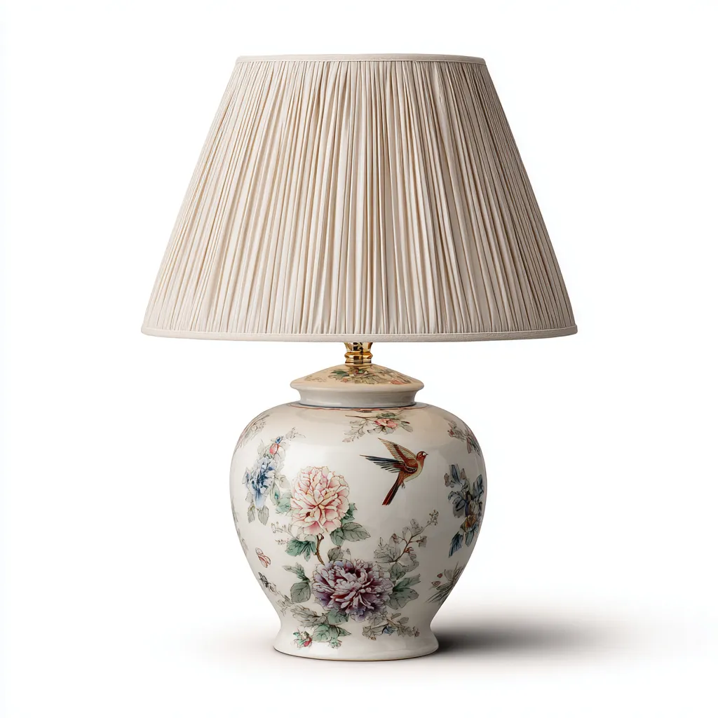 Lampe de table 28x28x52 cm - céramique florale peinte à la main et abat-jour plissé beige - style classique élégant-Dwellingena