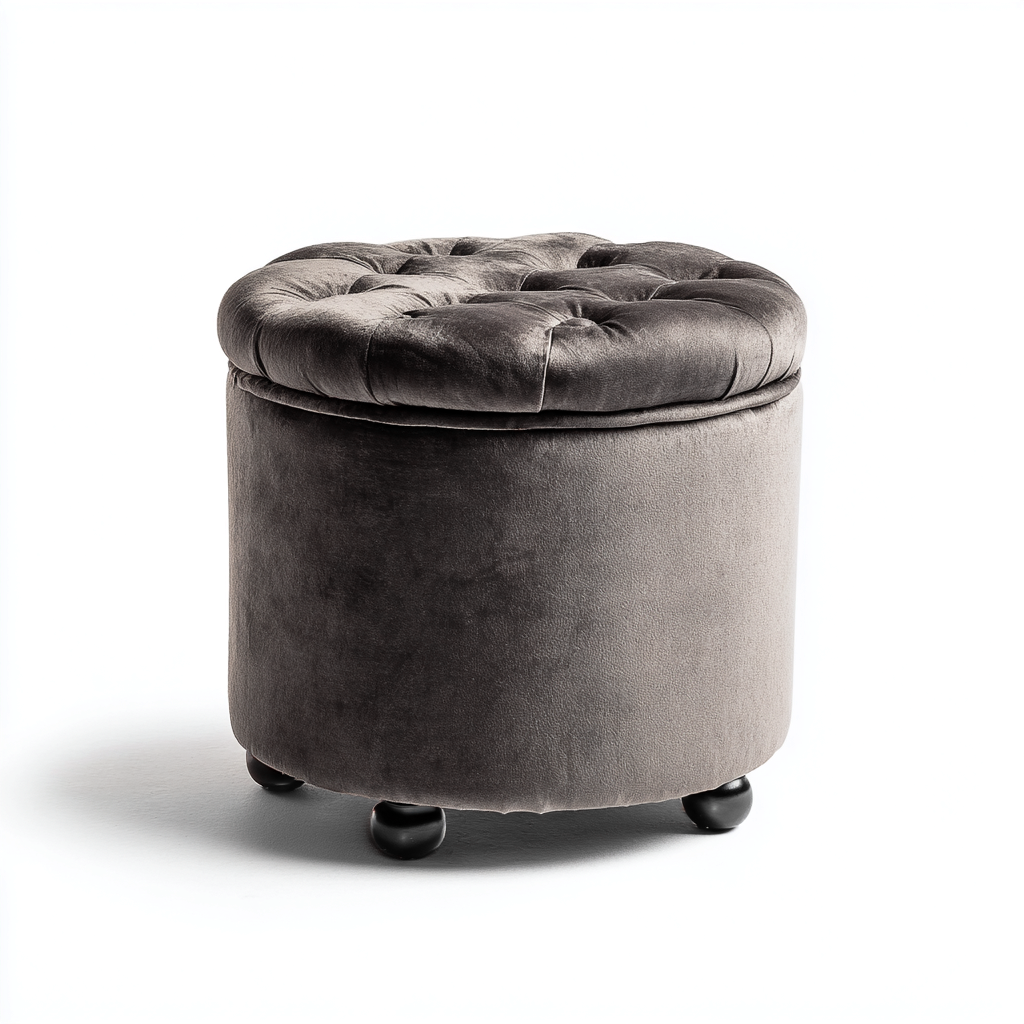 Pouf - velours et bois - 45x45x45 cm - gris foncé - style classique-Dwellingena