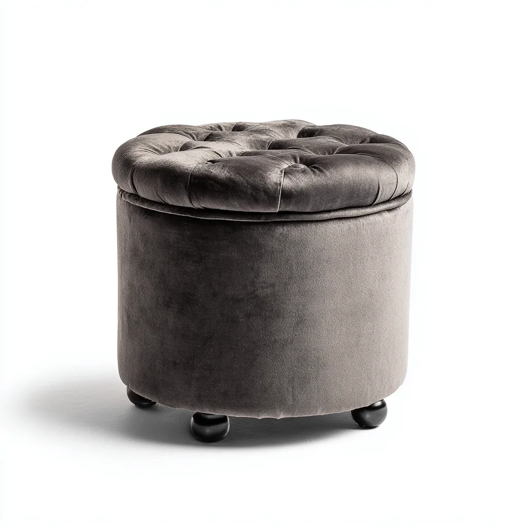 Pouf - velours et bois - 45x45x45 cm - gris foncé - style classique-Dwellingena