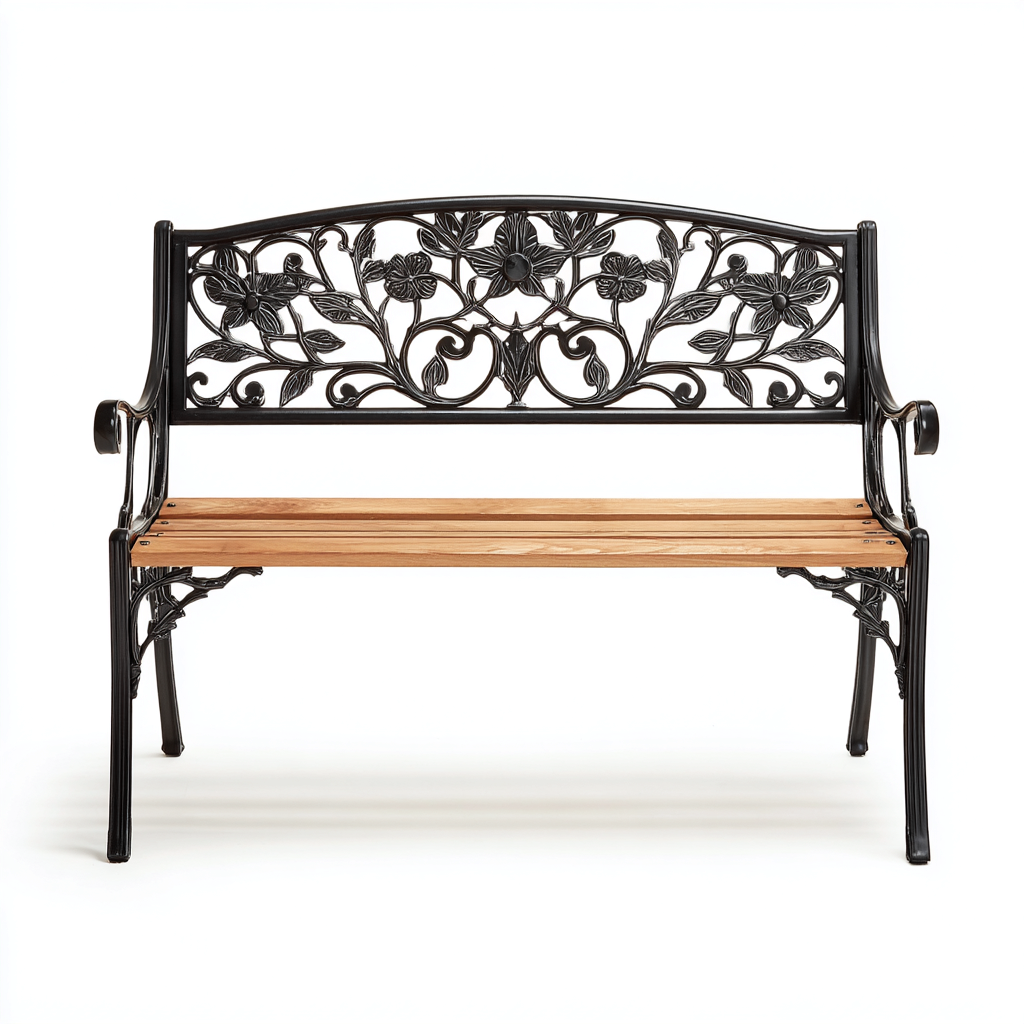 Banc de jardin - fonte et bois 120x60x80 cm - noir-naturel - style rétro avec dossier orné floral-Dwellingena