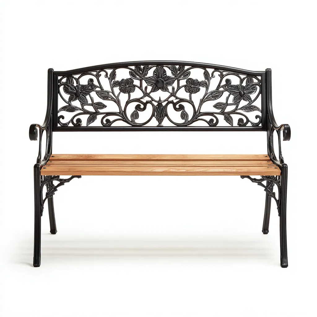 Banc de jardin - fonte et bois 120x60x80 cm - noir-naturel - style rétro avec dossier orné floral-Dwellingena