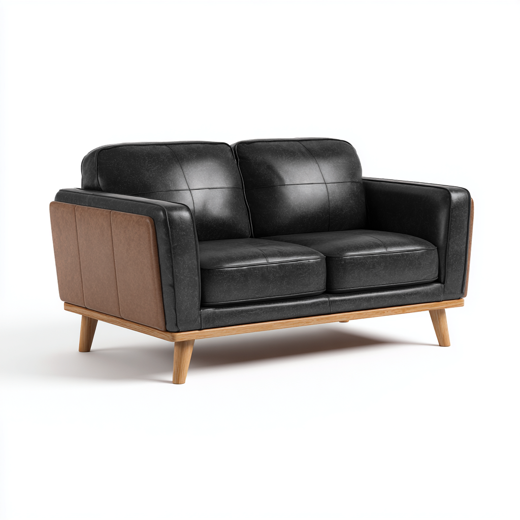 Canapé 2 places - cuir véritable et bois massif - 155x85x82 cm - noir-marron - style rétro scandinave-Dwellingena