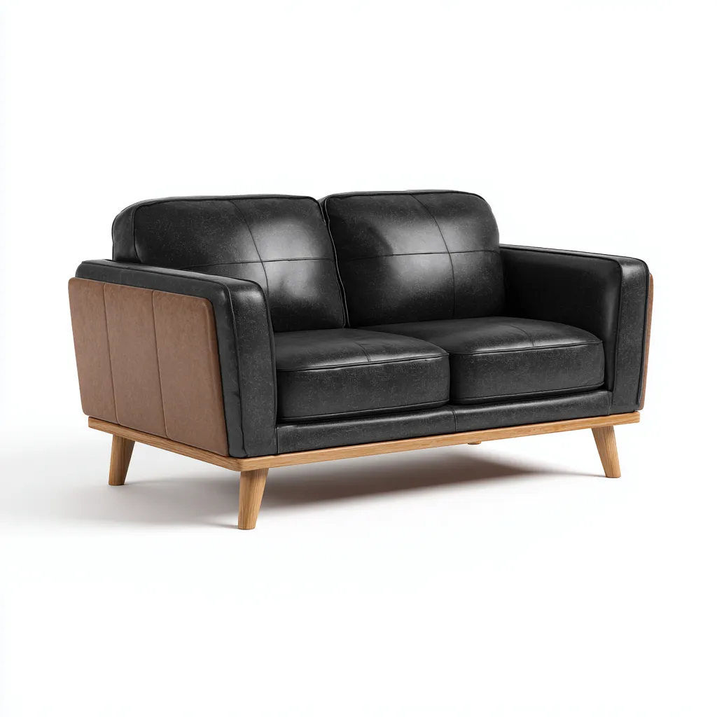 Canapé 2 places - cuir véritable et bois massif - 155x85x82 cm - noir-marron - style rétro scandinave-Dwellingena