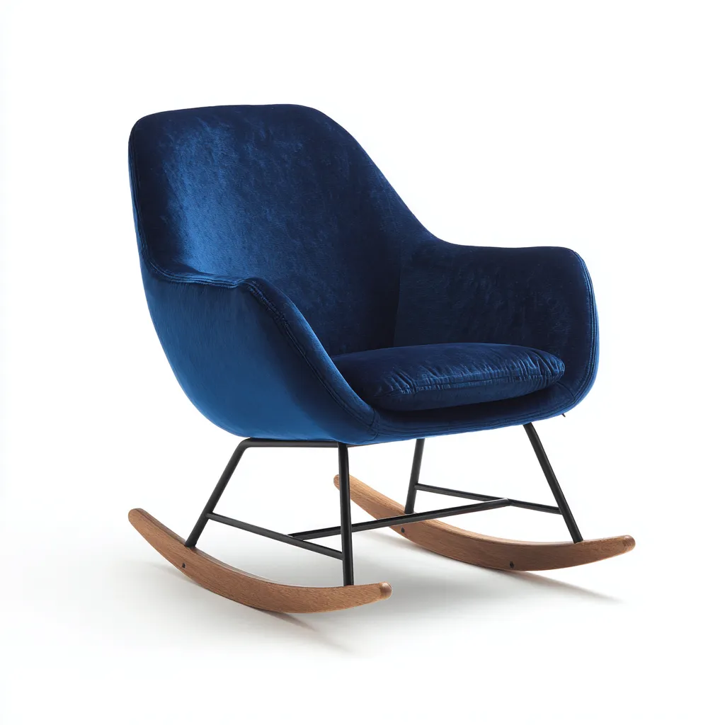Fauteuil à bascule en velours bleu 70x80x90 cm - design moderne - base en bois naturel et métal - confortable et élégant-Dwellingena