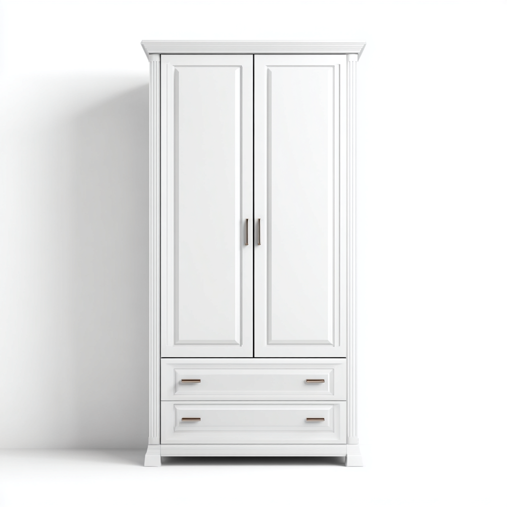 Armoire-2 portes-2 tiroirs-panneaux MDF-120x55x200 cm - blanc - style classique pour chambre-Dwellingena
