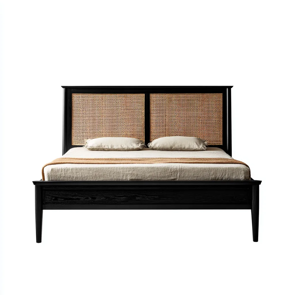 Lit double 160x200x100 cm - noir - design moderne avec tête de lit en rotin-Dwellingena