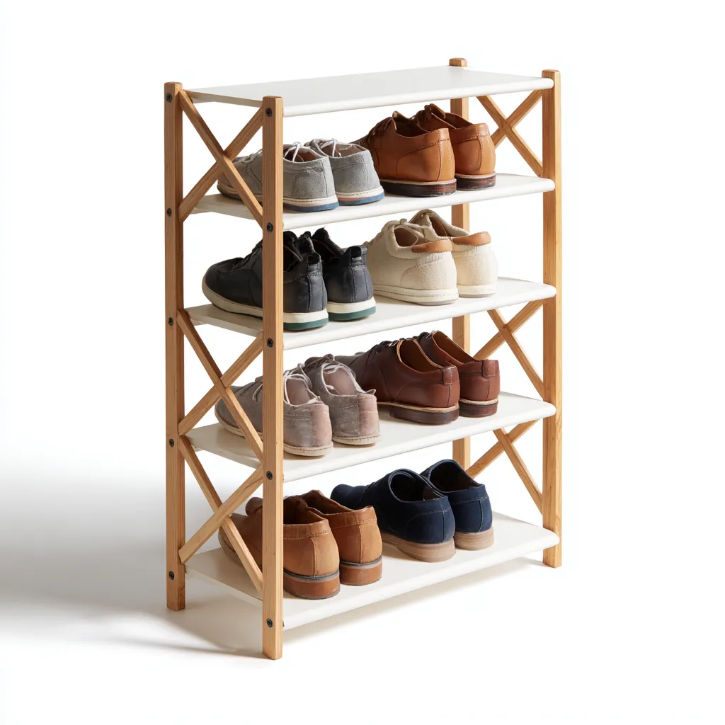 Meuble à chaussures en bois et MDF 65x28x85 cm - blanc-chêne clair - 5 niveaux - style scandinave-Dwellingena