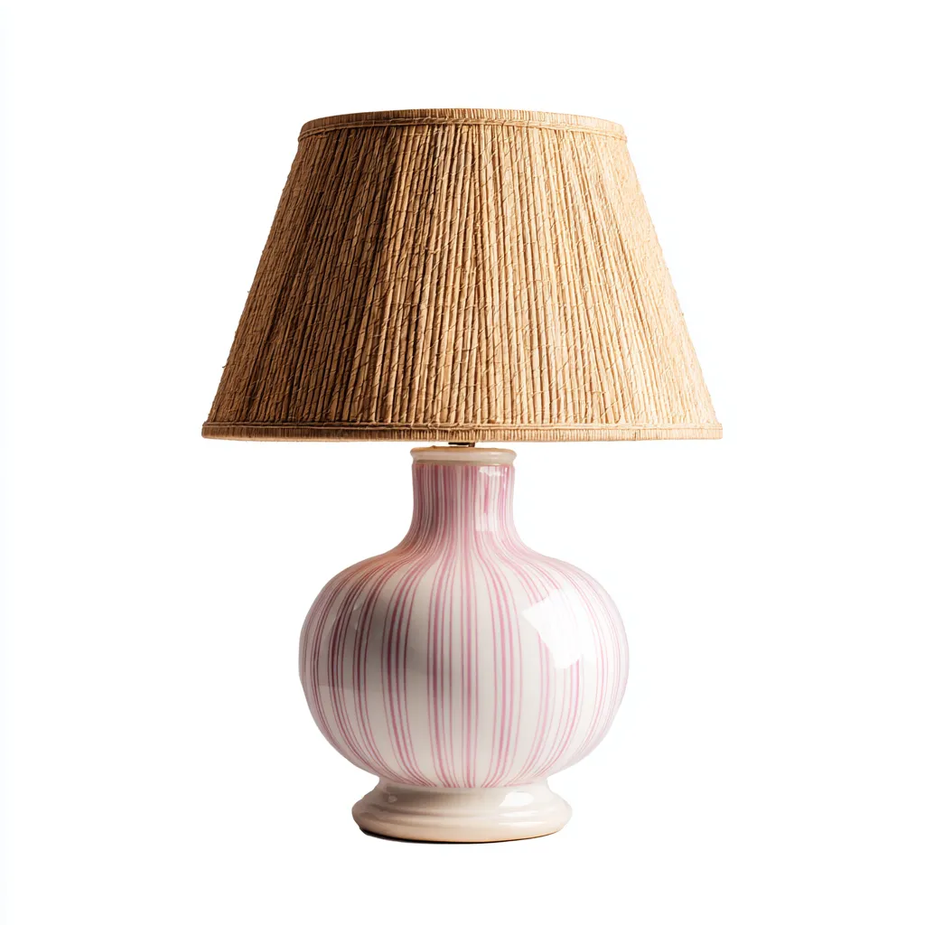 Lampe de table en céramique rose à rayures et abat-jour en rotin 27x27x50 cm - rose-beige - style bohème chic-Dwellingena