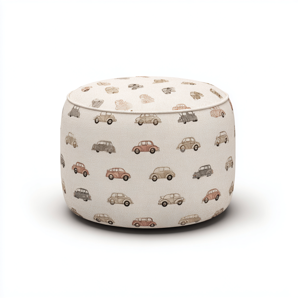 Pouf - Tissu imprimé motif voiture - 55x55x40 cm - Beige multicolore - Style ludique pour chambre ou salon-Dwellingena