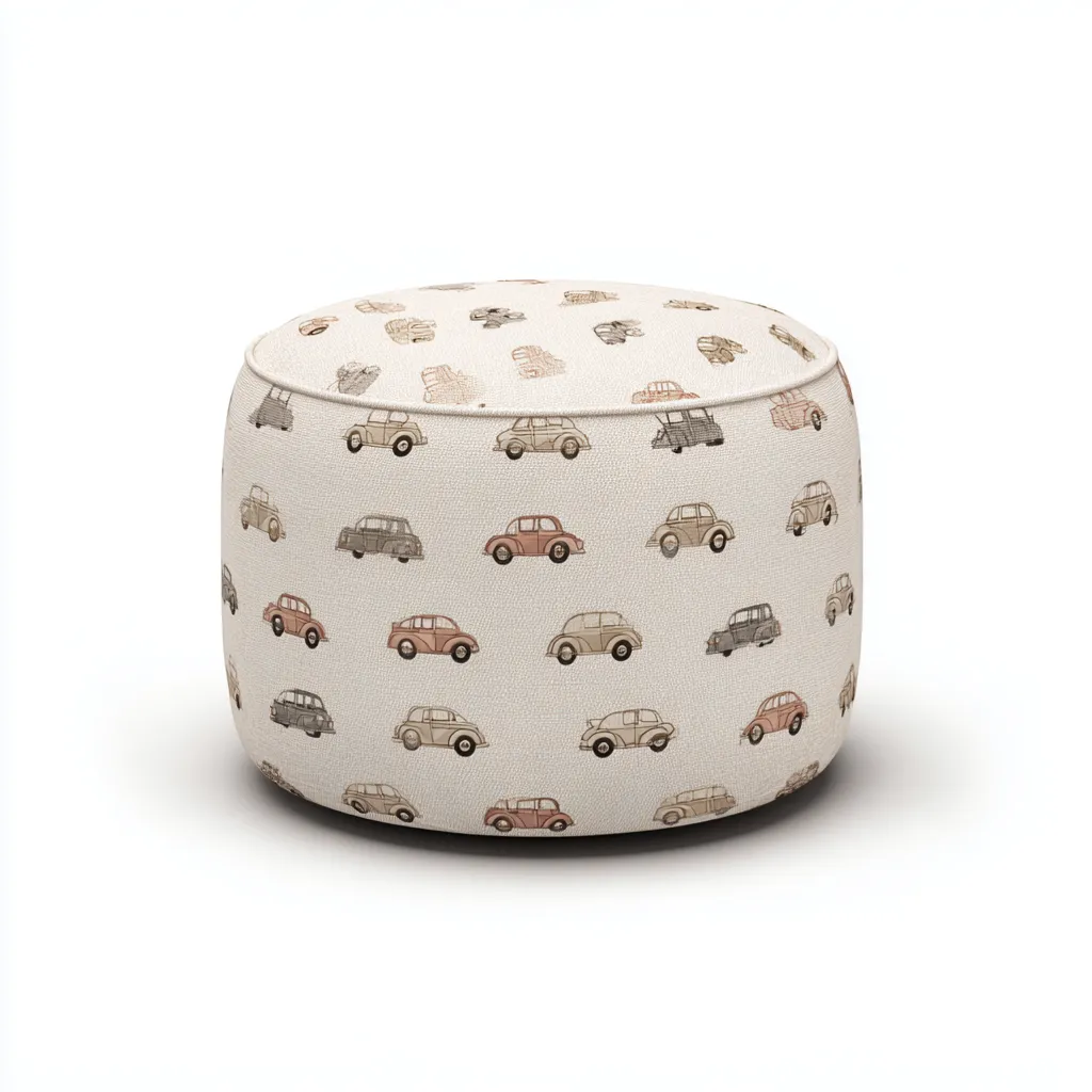 Pouf - Tissu imprimé motif voiture - 55x55x40 cm - Beige multicolore - Style ludique pour chambre ou salon-Dwellingena