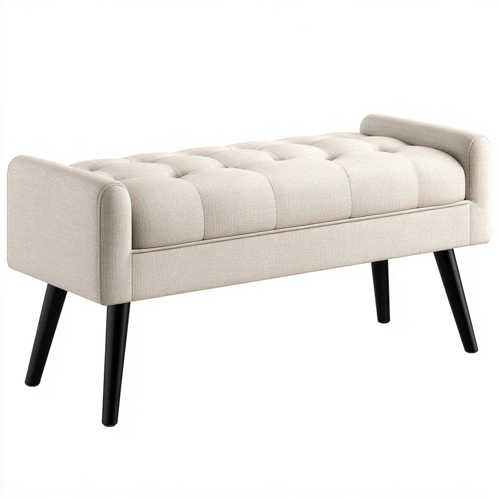 Banc de lit - tissu rembourré et pieds en bois noir - 105x40x50 cm - beige - style moderne-Dwellingena