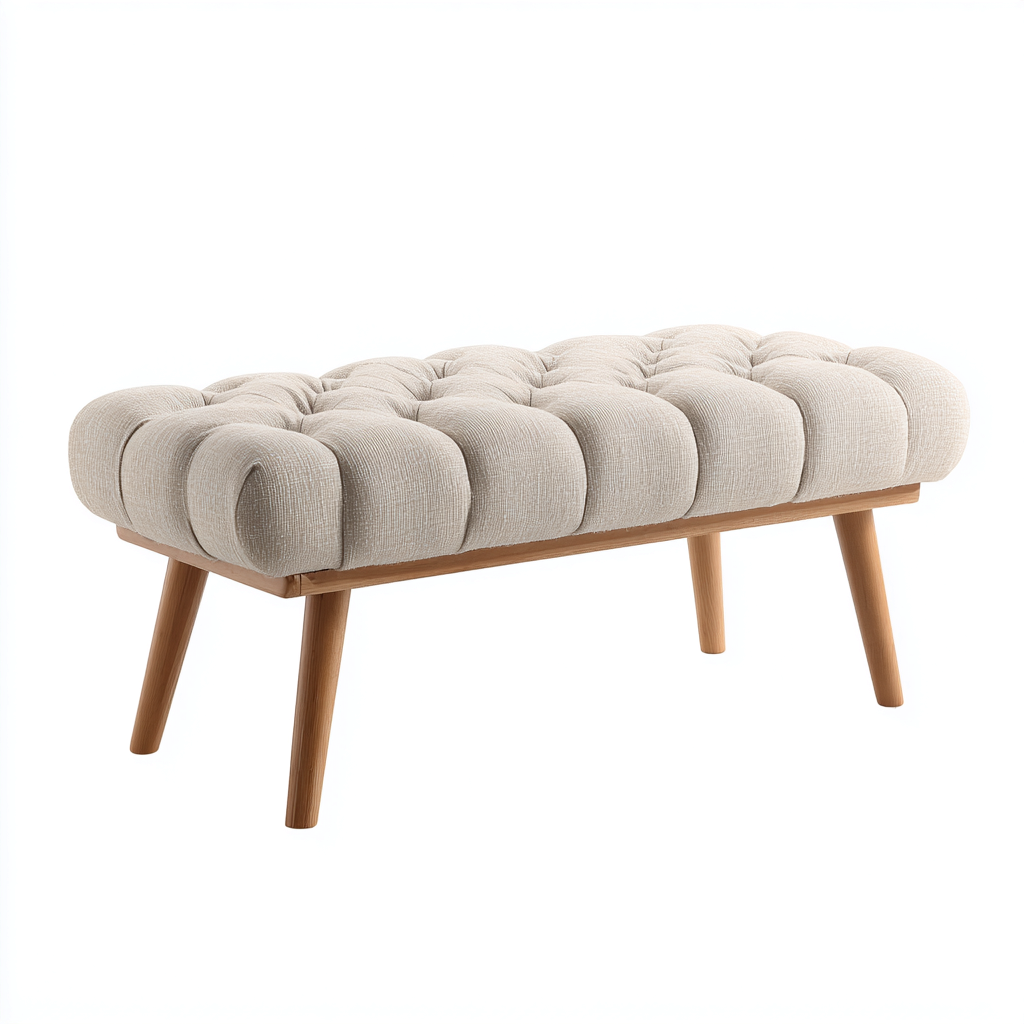 Banc de lit-pieds bois-tissu lin-100x40x50 cm - beige - style scandinave capitonné pour chambre-Dwellingena