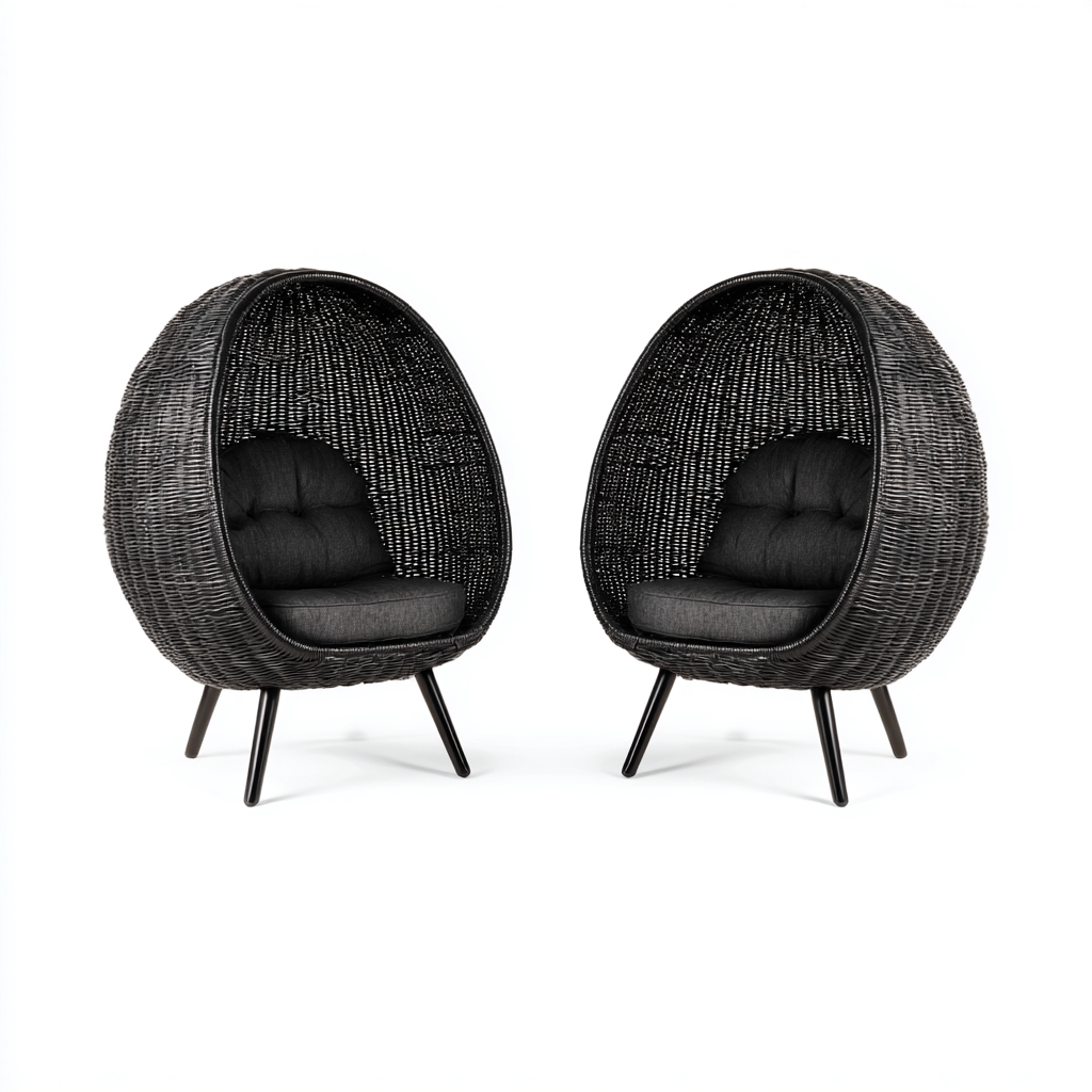 Chaise de jardin-rotin synthétique et coussins tissu-90x85x150 cm - noir - design œuf pour extérieur-Dwellingena