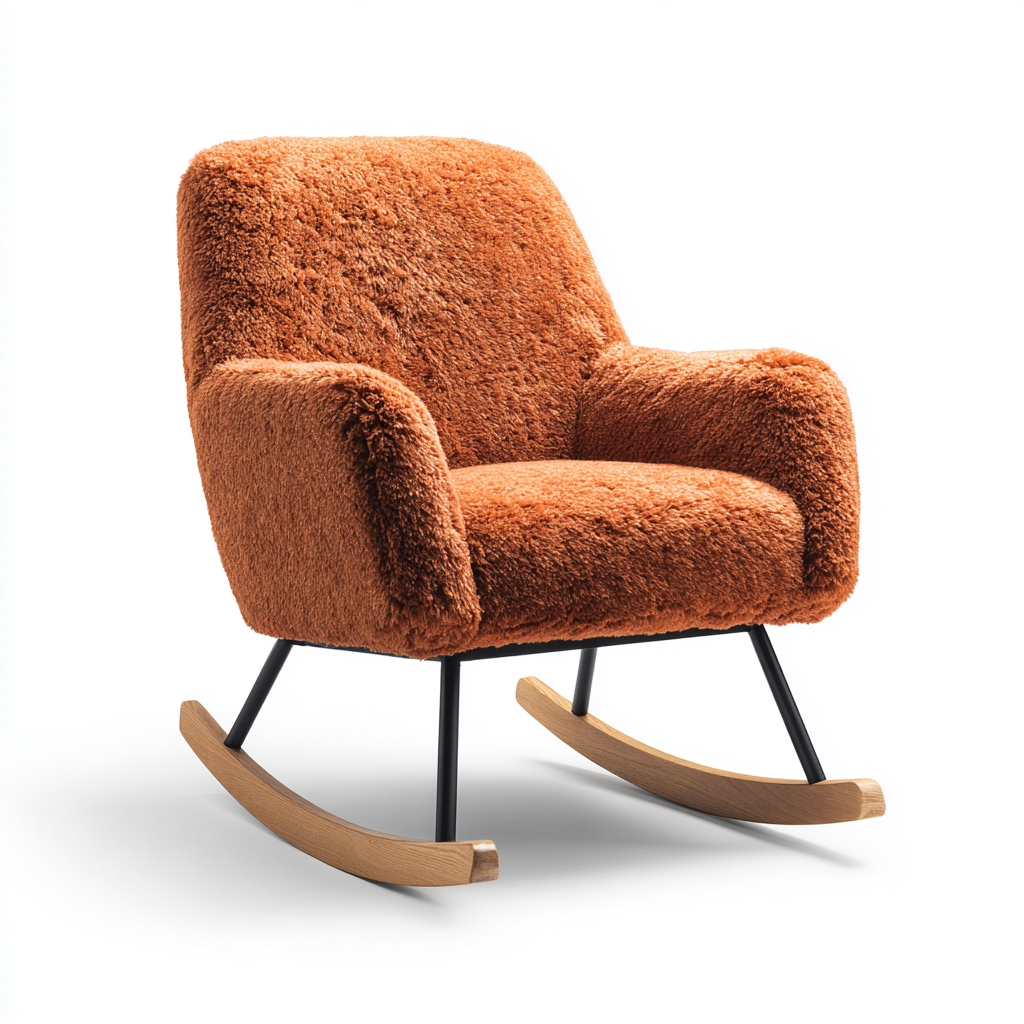 Fauteuil à bascule en tissu pelucheux orange 70x80x90 cm - design moderne - base en bois naturel et métal - confortable et stable-Dwellingena