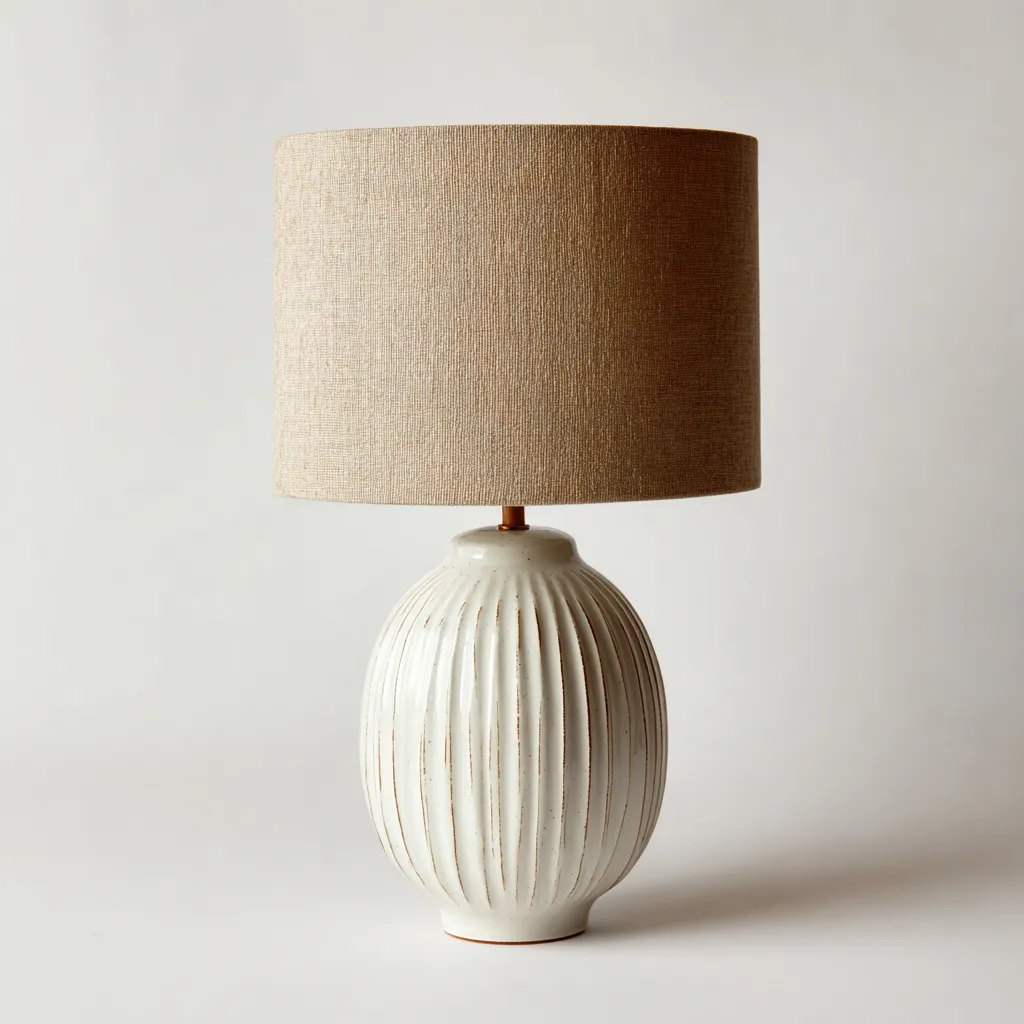 Lampe de table en céramique - Céramique blanche-Tissu beige - 25x25x45 cm - Blanc-Beige - Design moderne-Dwellingena