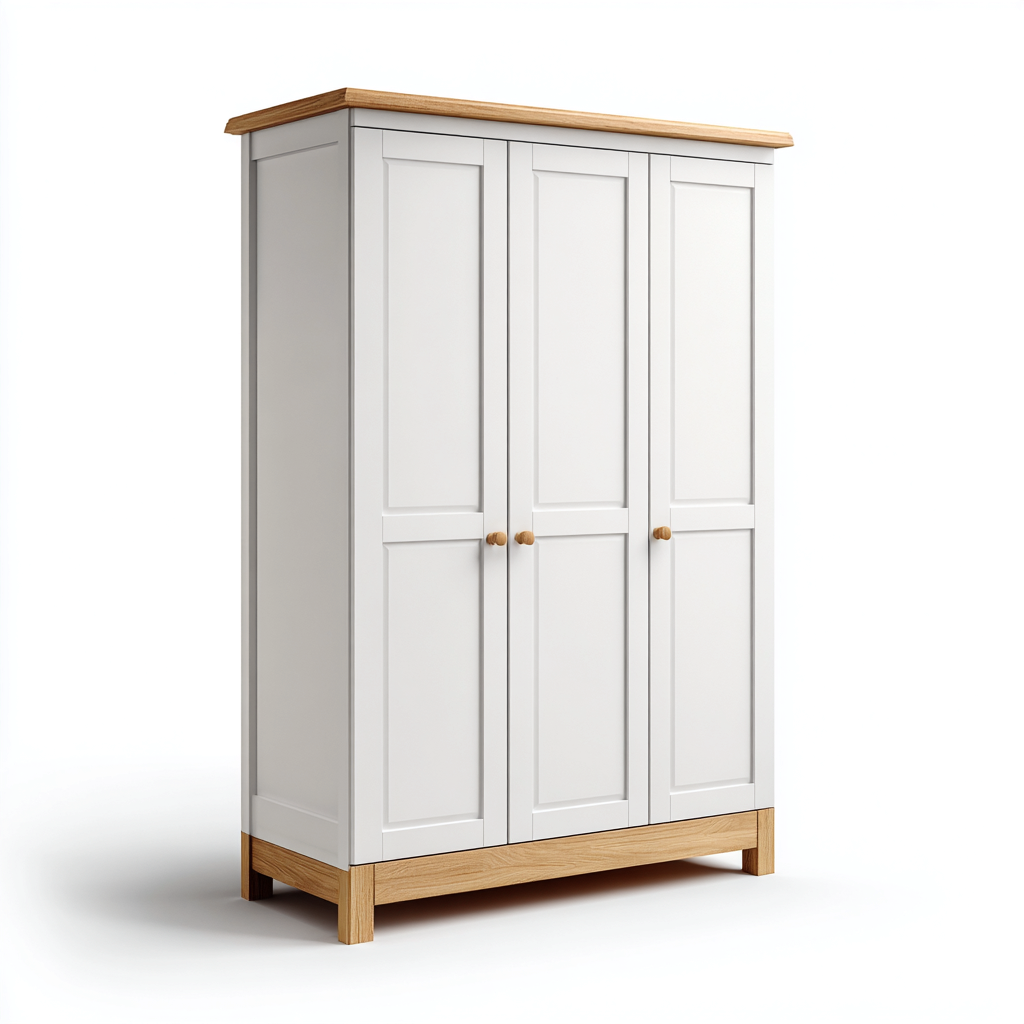Armoire-3 portes-bois massif-panneaux MDF-150x55x200 cm - blanc-chêne clair - style scandinave pour chambre-Dwellingena