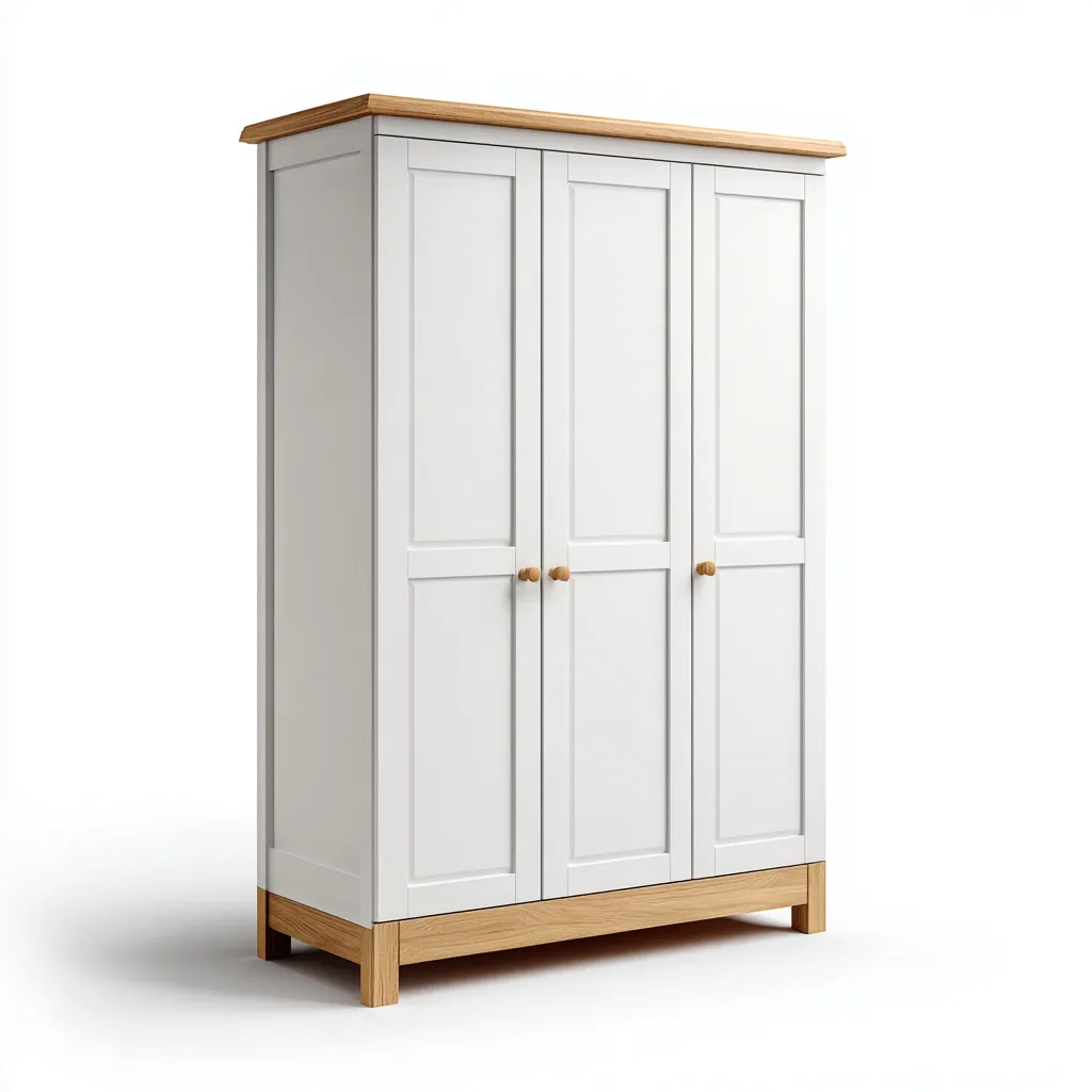 Armoire-3 portes-bois massif-panneaux MDF-150x55x200 cm - blanc-chêne clair - style scandinave pour chambre-Dwellingena