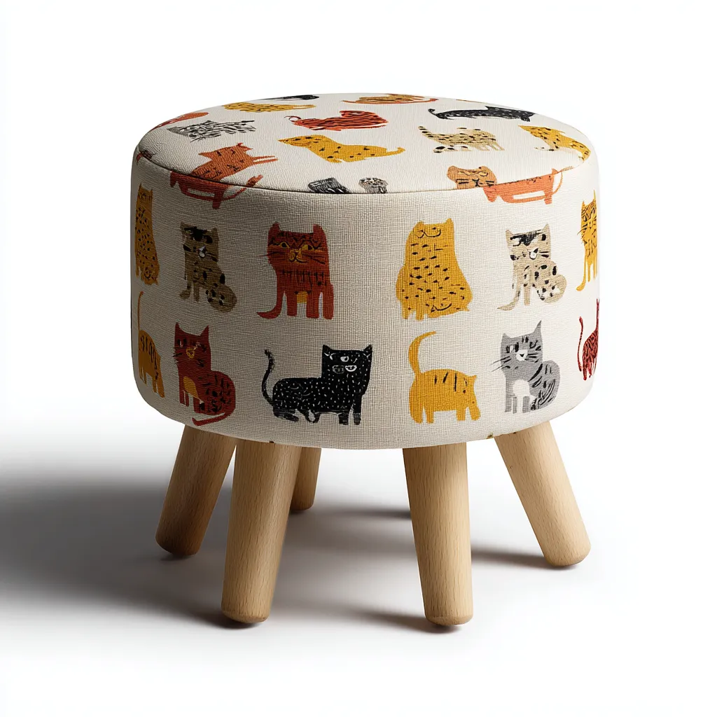 Pouf - tissu imprimé chat et bois clair - 35x35x40 cm - multicolore - style ludique-Dwellingena