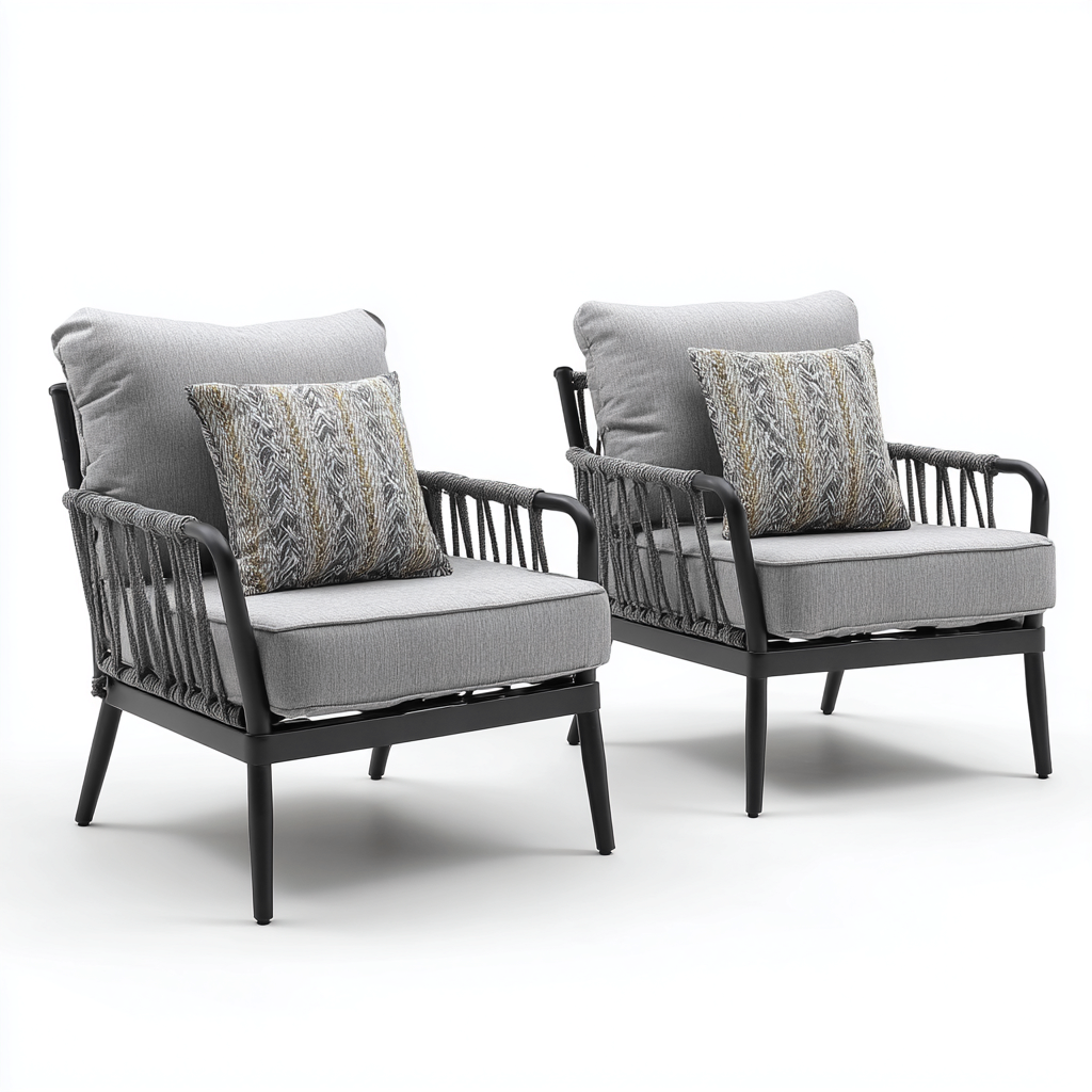 Chaise de jardin en aluminium et corde tressée 70x75x85 cm - gris foncé-noir - avec coussins - style contemporain-Dwellingena