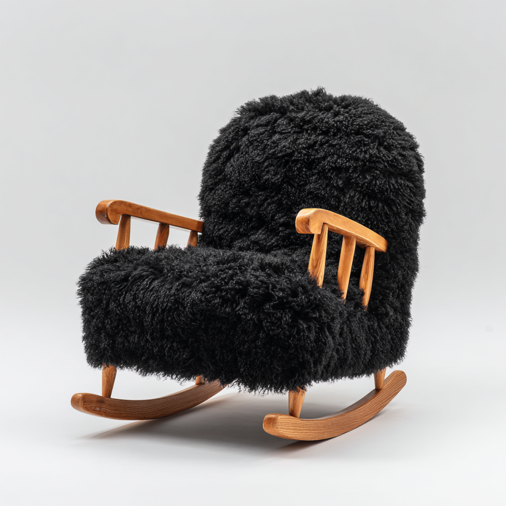 Fauteuil à bascule 90x80x85 cm - fausse fourrure noire et bois naturel - structure en bois massif - design nordique confortable-Dwellingena