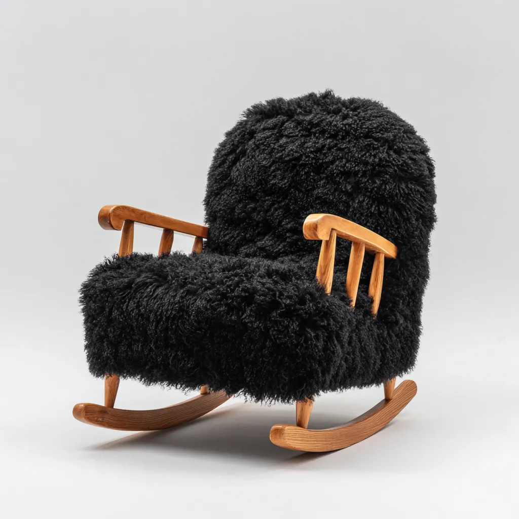 Fauteuil à bascule 90x80x85 cm - fausse fourrure noire et bois naturel - structure en bois massif - design nordique confortable-Dwellingena