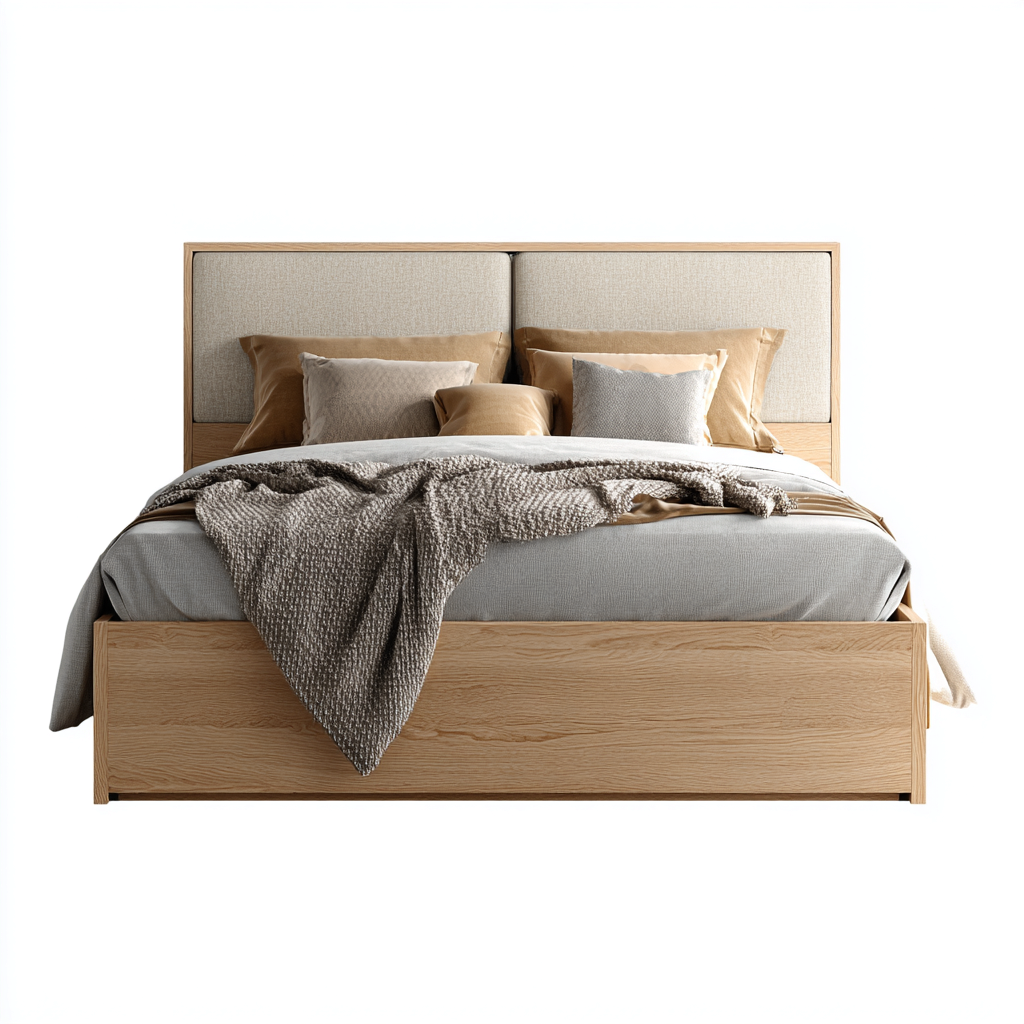 Lit double en bois et tissu 200x160x105 cm - chêne clair - avec rangement - design contemporain-Dwellingena