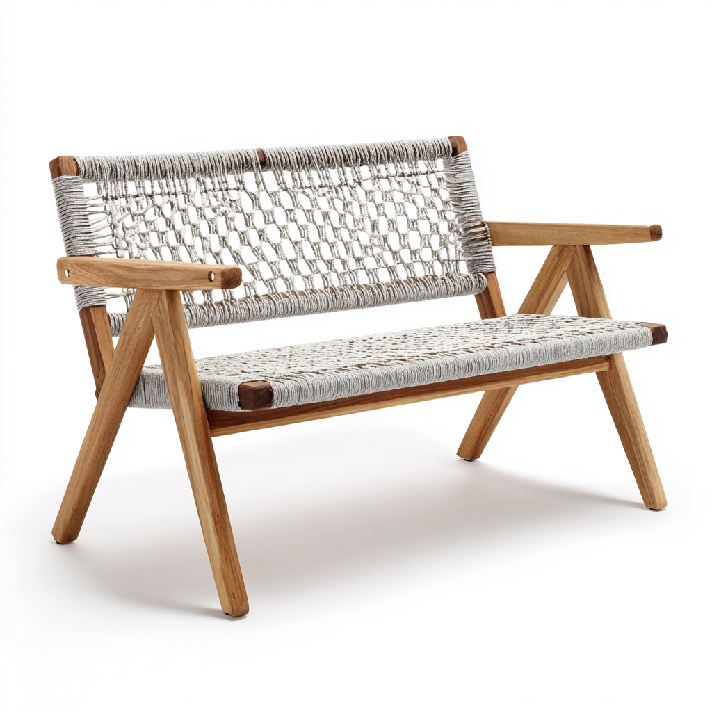 Banc de jardin-bois de teck et corde tressée-120x60x80 cm - naturel-gris clair - style scandinave pour extérieur-Dwellingena