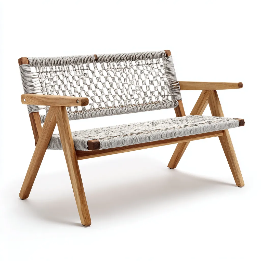 Banc de jardin-bois de teck et corde tressée-120x60x80 cm - naturel-gris clair - style scandinave pour extérieur-Dwellingena