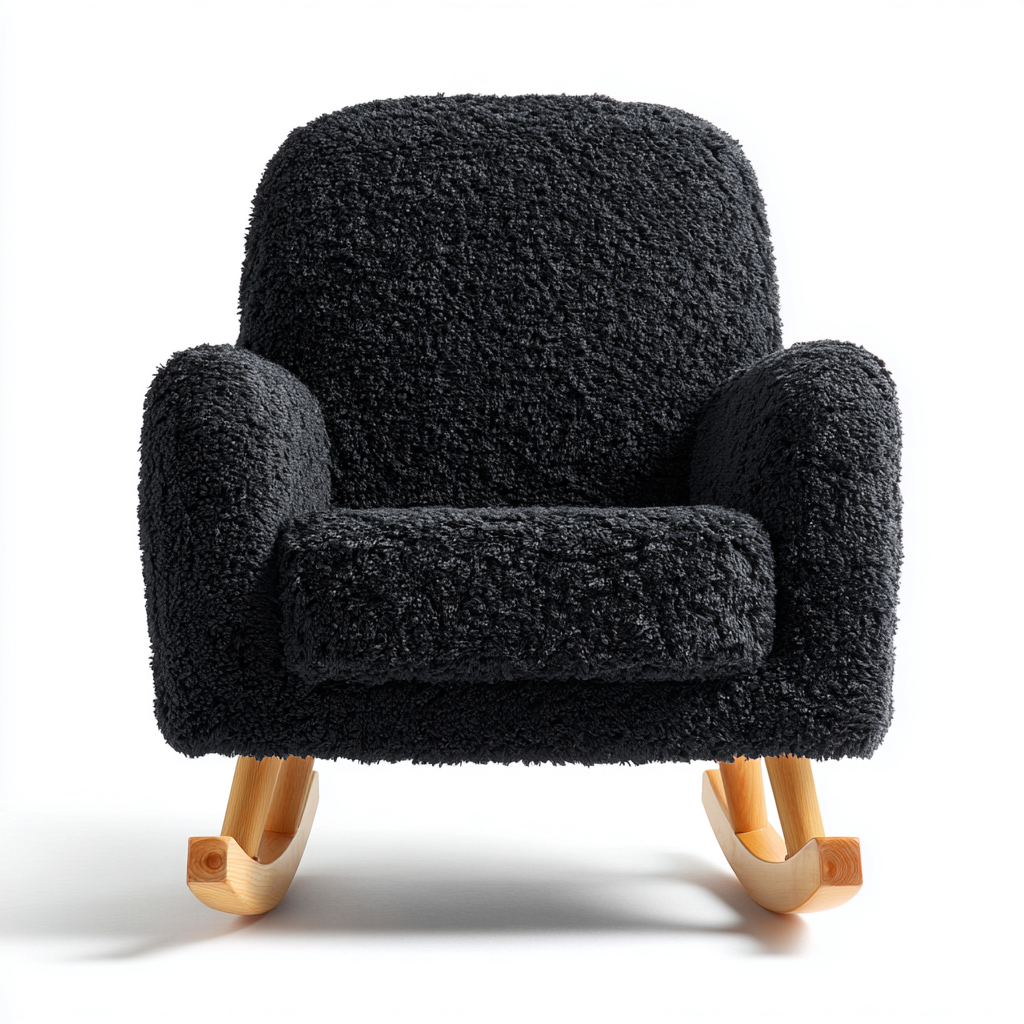 Fauteuil à bascule en tissu pelucheux noir 70x80x90 cm - design moderne - base en bois naturel - confortable et stable-Dwellingena